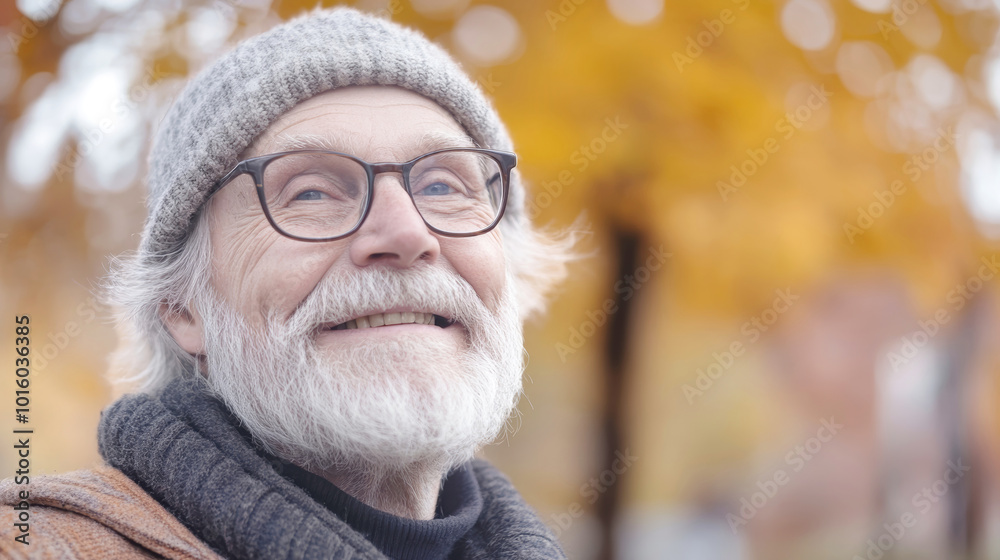 Smiling elderly man with glasses in a vibrant autumn park surrounded by orange and yellow leaves, showcasing the warmth of the season Smiling elderly man with glasses in a vibrant autumn park surrounded by orange and yellow leaves, showcasing the warmth of the season