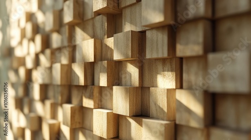 Natural wood blocks arranged in a 3D rectangular grid forming a minimalist and sophisticated timber wall design