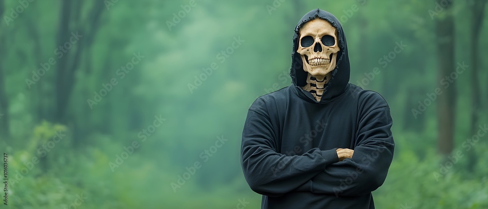 Haunting Zombie and Skull Display Against Eerie Forest Backdrop Haunting Zombie and Skull Display Against Eerie Forest Backdrop