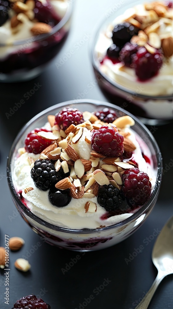 Delicious yogurt parfait with berries and almonds Delicious yogurt parfait with berries and almonds