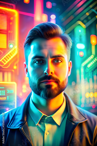 a digital artwork of a young male on, in a futuristic cityscape with neon lights photo