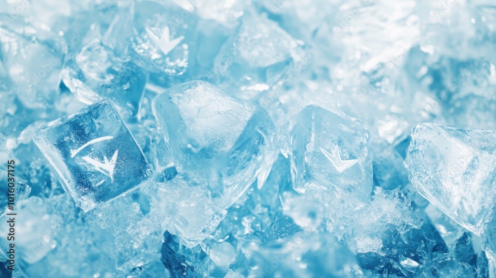Crystal clear ice cubes create a shimmering blue background with unique patterns and textures Crystal clear ice cubes create a shimmering blue background with unique patterns and textures
