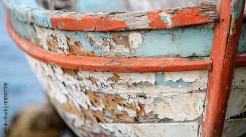 Weathered wooden boat resting by the shore, showing signs of age and decay, with peeling paint and rustic charm in a coastal setting