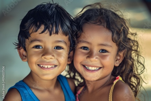 Portrait of two little girls smiling at the camera in the park