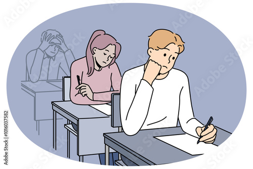 Distressed students sit at desk writing on paper. Unhappy people handwriting on exam or test in classroom. Vector illustration.