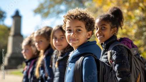 A group of diverse children smiles and poses outdoors with backpacks, enjoying a sunny day in a park.