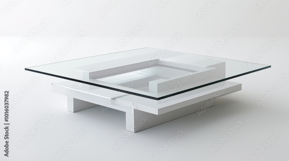 Modern White Coffee Table with Glass Top and Geometric Base Modern White Coffee Table with Glass Top and Geometric Base