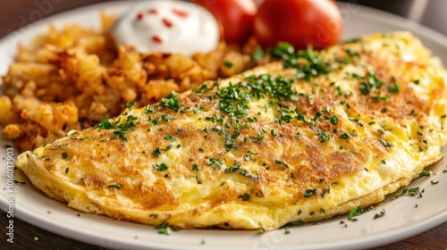 Delicious fluffy omelette served with crispy hash browns and fresh tomatoes for breakfast at a cozy diner