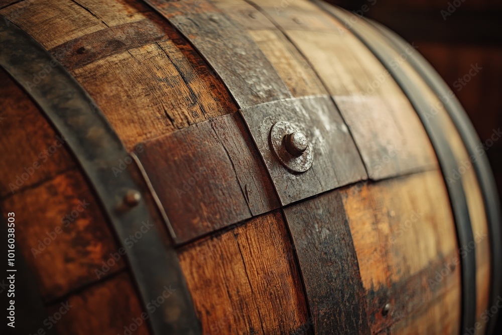 This image presents a close-up of a rustic wooden barrel, with emphasis on weathered textures and metal fastenings, ideal for themes of tradition and preservation. This image presents a close-up of a rustic wooden barrel, with emphasis on weathered textures and metal fastenings, ideal for themes of tradition and preservation.