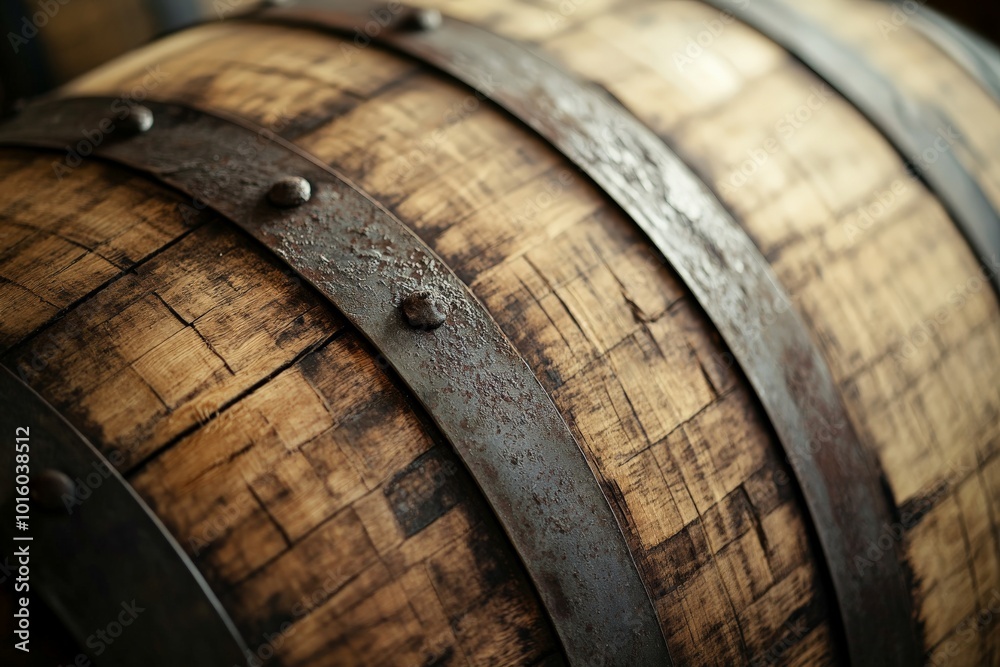 This image captures a close-up of an aged wooden barrel with rustic metal rivets, showcasing artisanal craftsmanship and a sense of timelessness, suitable for whiskey branding. This image captures a close-up of an aged wooden barrel with rustic metal rivets, showcasing artisanal craftsmanship and a sense of timelessness, suitable for whiskey branding.
