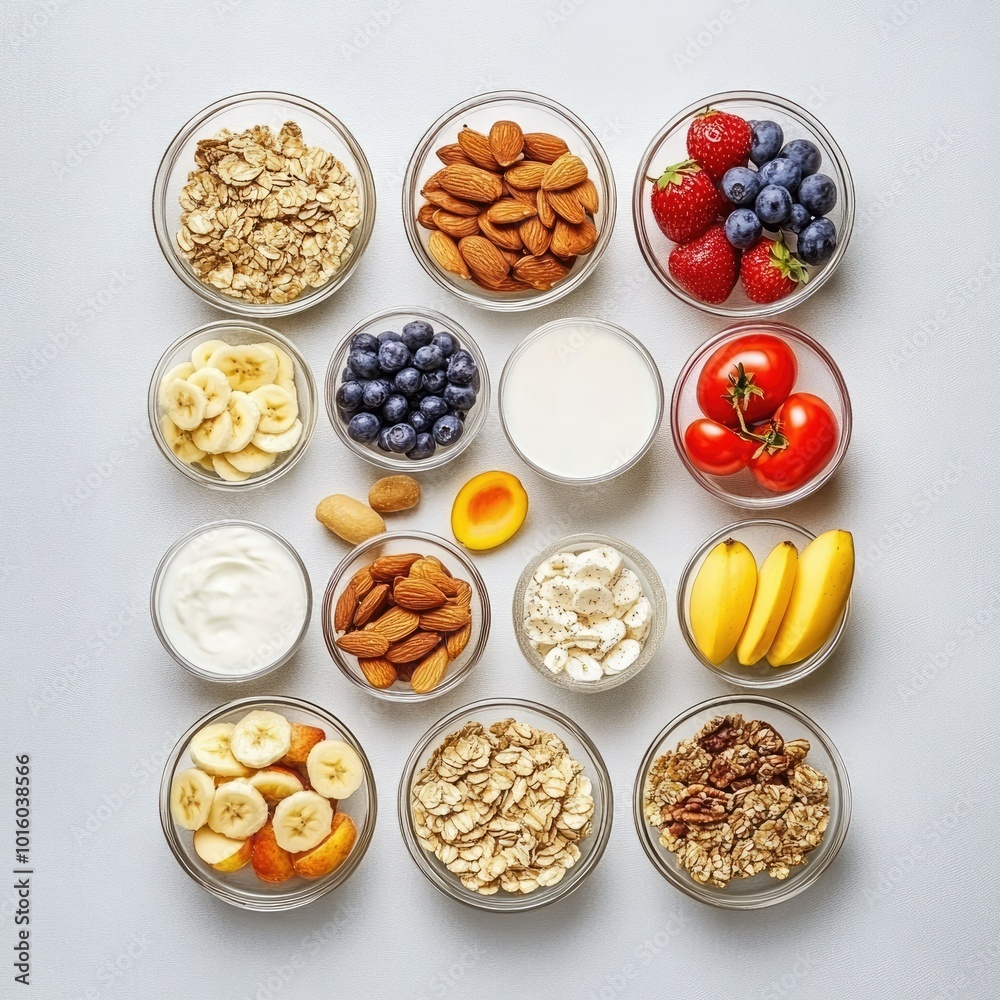 Healthy assortment of fruits, nuts, and oats in bowls Healthy assortment of fruits, nuts, and oats in bowls
