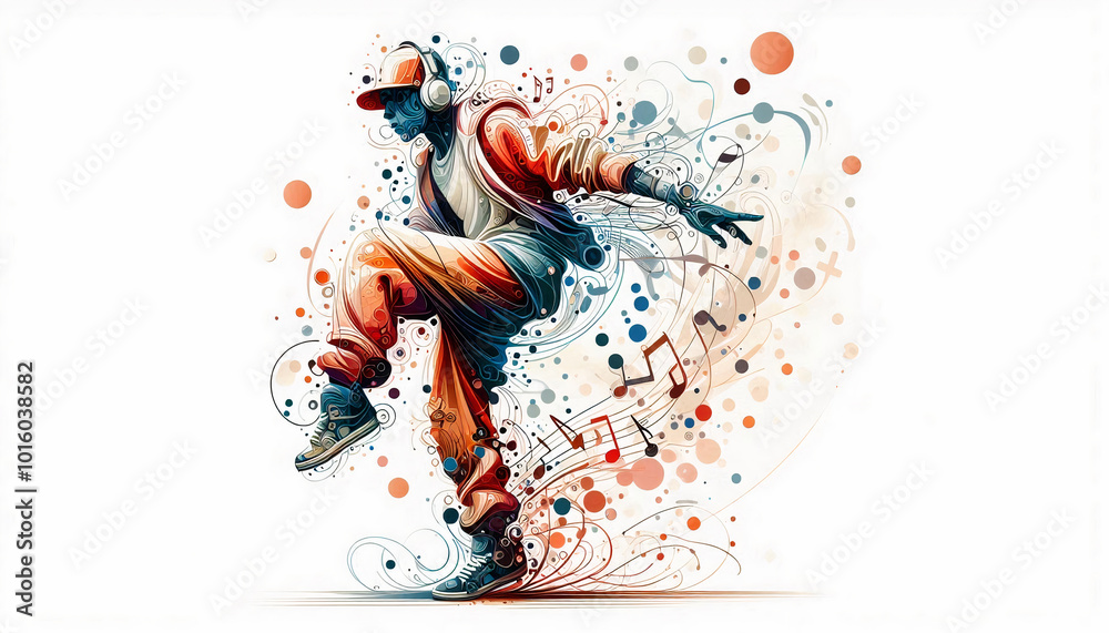 A dynamic illustration of a dancer in motion, surrounded by abstract musical notes and vibrant colors, capturing the energy of music and dance A dynamic illustration of a dancer in motion, surrounded by abstract musical notes and vibrant colors, capturing the energy of music and dance