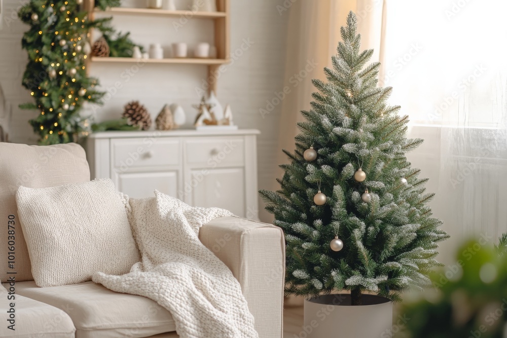 A warm and inviting living room features a beautifully decorated Christmas tree with ornaments, a plush sofa, and knitted blankets, creating a festive holiday ambiance.