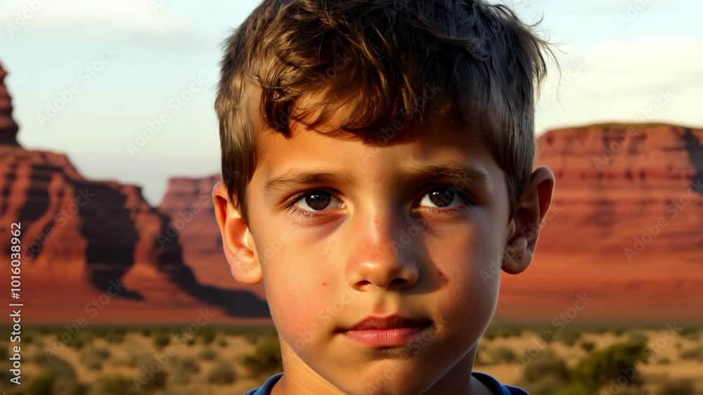 Young boy in desert landscape with red rock formations at sunset Young boy in desert landscape with red rock formations at sunset