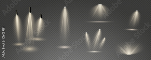 The vector set of light includes a light source, studio lighting, walls, and a PNG. It also includes spotlight lighting and a spotlight PNG. Finally, it includes light beams and a light effect.