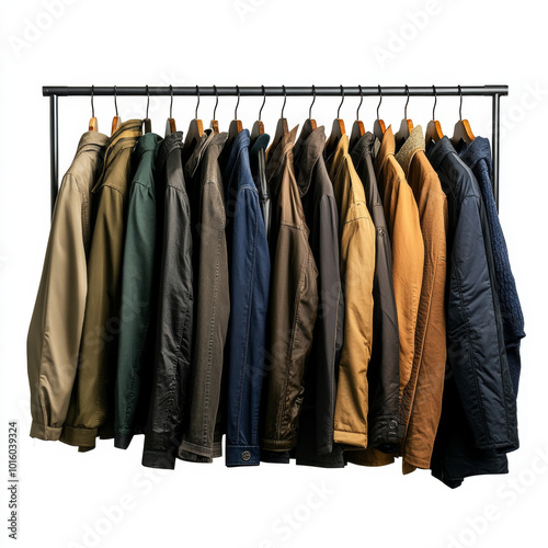 Men's outerwear hanging on hangers on white isolated background