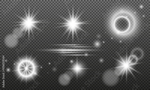 A collection of lighting effects. Glare, explosion, glitter, line, flash in the sun, sparks and stars on a transparent background. Vector illustration.