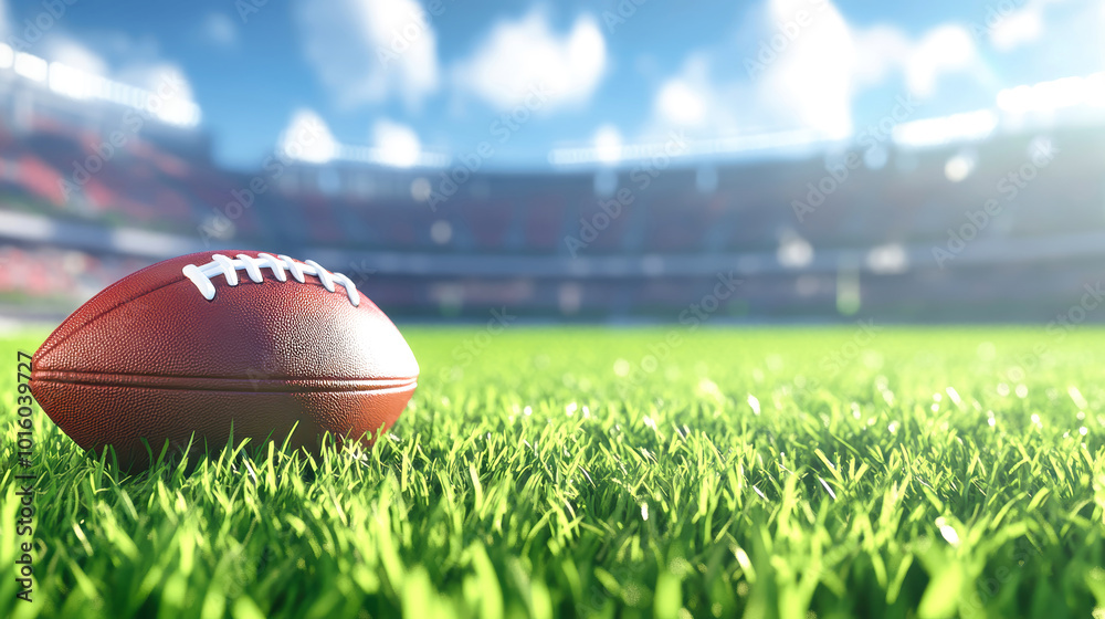 A beautifully detailed rugby ball lies on lush green grass, showcasing its realistic texture while the vibrant stadium fades into the background, hinting at an exhilarating game A beautifully detailed rugby ball lies on lush green grass, showcasing its realistic texture while the vibrant stadium fades into the background, hinting at an exhilarating game