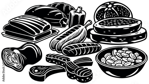 Gastronomic meat products sketches set