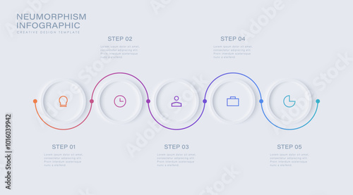 Neomorphism design infographic, 5 step timeline illustration. Minimal clean design with icons and a curved line photo