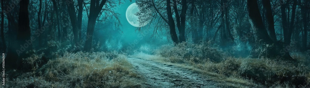 A mysterious forest illuminated by a full moon, creating an eerie yet enchanting atmosphere in the twilight. A mysterious forest illuminated by a full moon, creating an eerie yet enchanting atmosphere in the twilight.