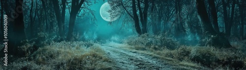 A mysterious forest illuminated by a full moon, creating an eerie yet enchanting atmosphere in the twilight.