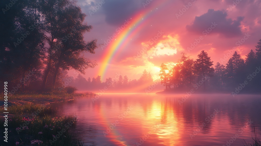 Misty sunrise with a rainbow over a still lake and a forest in the background. Misty sunrise with a rainbow over a still lake and a forest in the background.