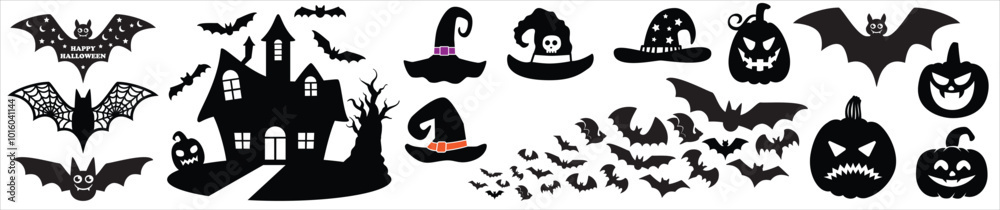 Halloween haunted house scene silhouette. Spooky, scary, ghosted house with tree, witch hat, pumpkin and bats. Vector illustration design template for stencil, wall decor, door decoration, sticker. Halloween haunted house scene silhouette. Spooky, scary, ghosted house with tree, witch hat, pumpkin and bats. Vector illustration design template for stencil, wall decor, door decoration, sticker.