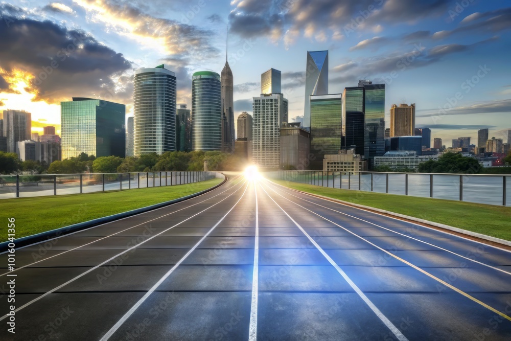 Obraz premium A vibrant flat vector illustration of a modern city skyline, featuring an Olympic running track, perfect for sports enthusiasts and athletes