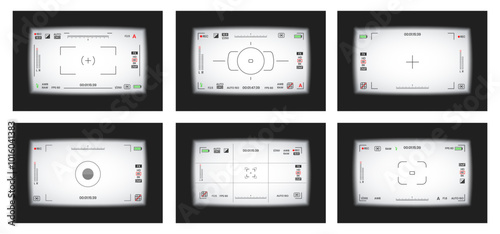 Camera viewfinder video or photo frame recorder flat style design vector illustration set. Digital camera viewfinder collection with exposure settings and focusing grid template.