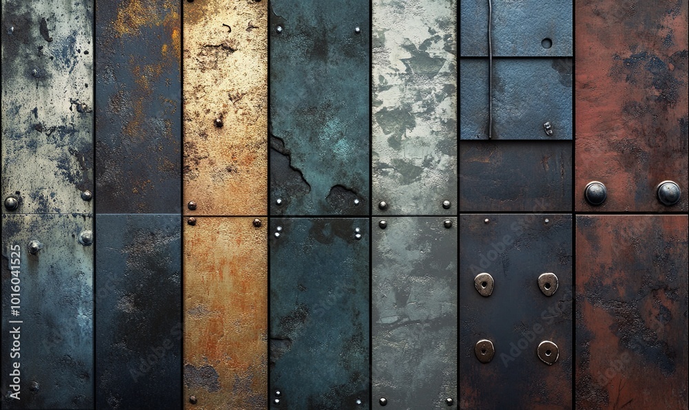 A set of grunge-style metal wall panels with different colors and textures A set of grunge-style metal wall panels with different colors and textures