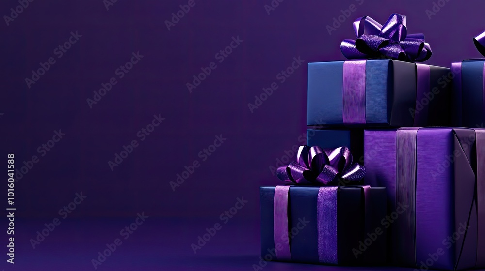 Elegant purple gift boxes with decorative bows Elegant purple gift boxes with decorative bows