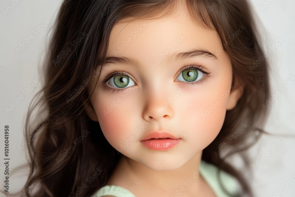 Serene young girl with captivating green eyes curly hair
