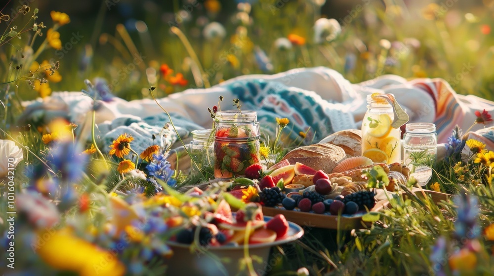 A beautiful picnic scene with fresh fruit and drinks on a sunny day in a colorful flower field