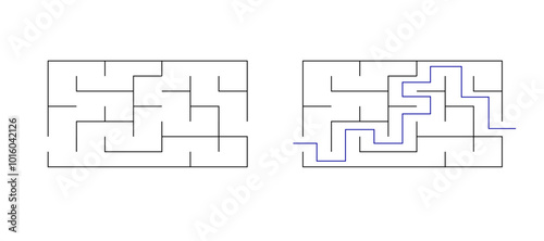 Simple labyrinth maze game vector illustration with solution. Find right way, simple logic game. Puzzle for kids.	