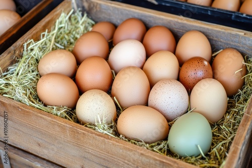 Fresh farm eggs nestled in hay in rustic wooden crate photo