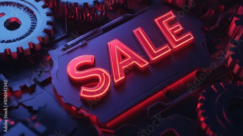 A neon sign displaying the word sale shines brightly among detailed mechanical gears photo