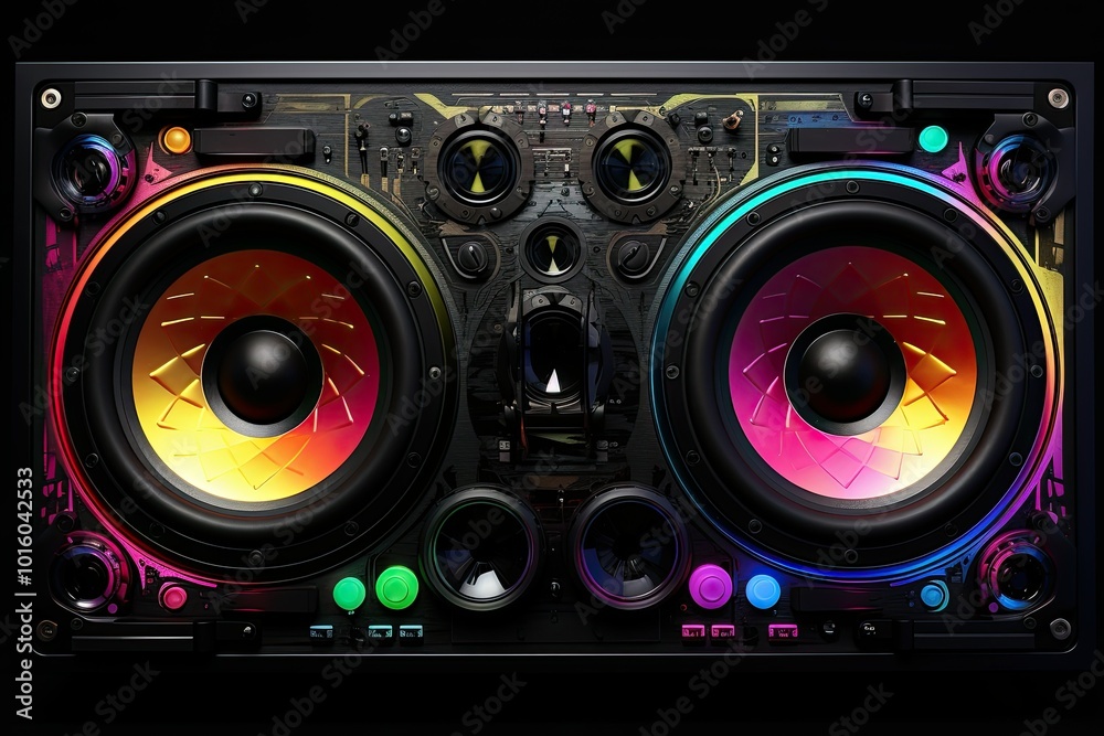 Fototapeta premium Colorful retro boombox with vibrant speakers and controls