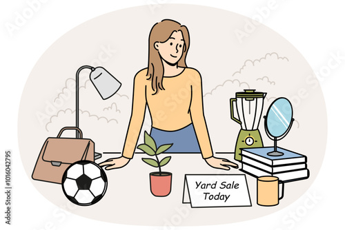 Smiling woman standing at desk selling goods on yard sale. Happy female offer things on backyard sale. Vector illustration.