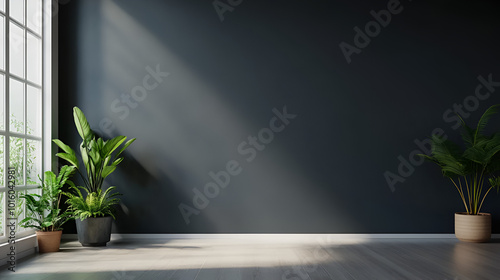 A dark wall and an empty room, with only plants on the floor. ,copy space for design