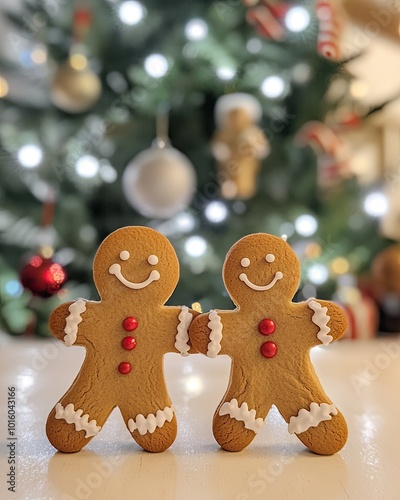 Cheerful gingerbread cookies in front of a festive tree photo