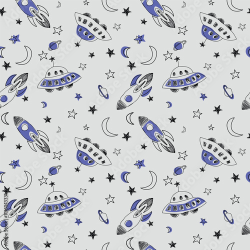 Cartoon space seamless pattern on gray background. Space background. Space doodle illustration. Seamless pattern with cartoon space rockets, planets, and stars.