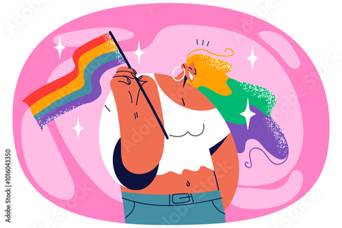 Smiling woman with LGBTQ flag in hands