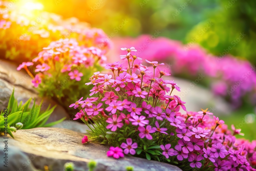 Obraz premium A vibrant spring garden flourishes with pink Arabis flowers along a charming stone pathway, showcasing the breathtaking beauty of nature in full