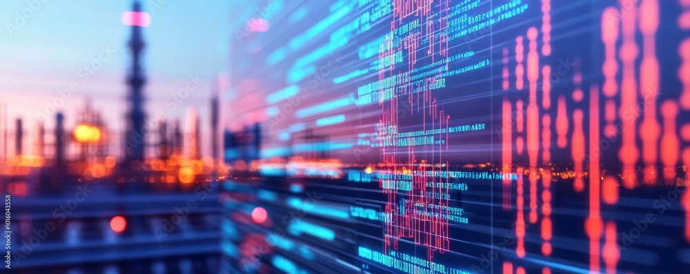 Fototapeta premium Blockchain energy grid, floating holographic power lines, futuristic cityscape