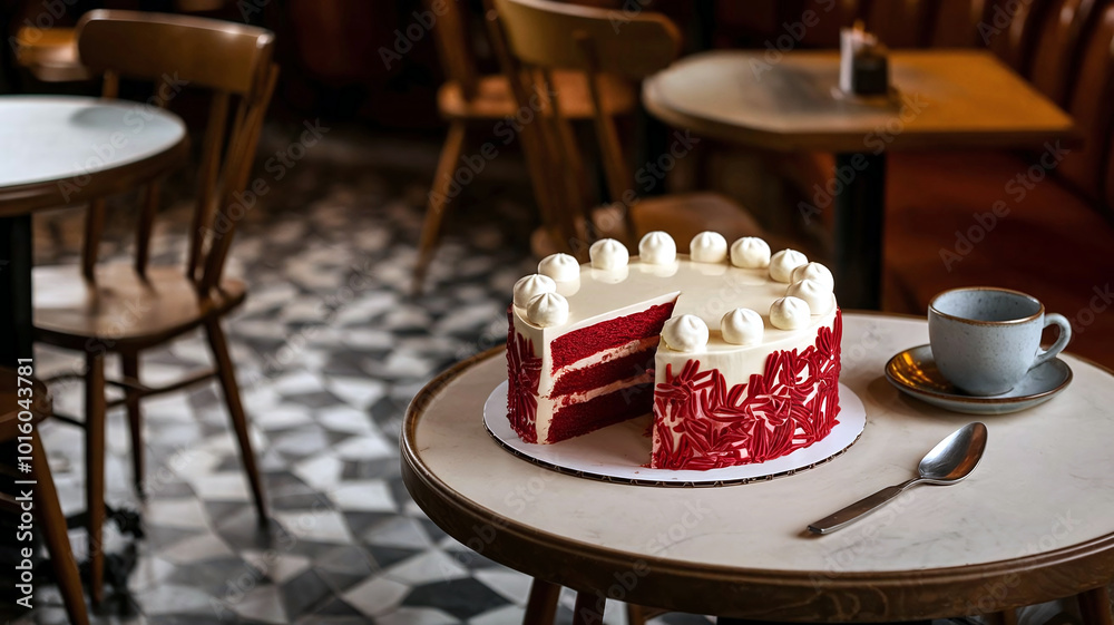 A beautifully frosted Red Velvet cake with a slice cut out, showcasing its rich layers and cream cheese frosting, set in a cozy cafe ambiance on a wooden table. A beautifully frosted Red Velvet cake with a slice cut out, showcasing its rich layers and cream cheese frosting, set in a cozy cafe ambiance on a wooden table.