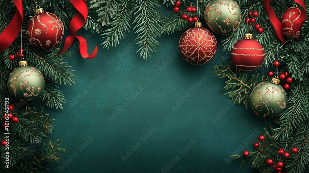 Elegant Christmas card template featuring lush greenery and vibrant ornaments with a festive green background for seasonal Elegant Christmas card template featuring lush greenery and vibrant ornaments with a festive green background for seasonal