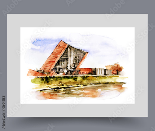 Embankment with leaning building under blue sky in city of Gdansk in Poland on wall art. Watercolor artwork. Poster with modern architecture of europe and embankment, in frame with decor for print