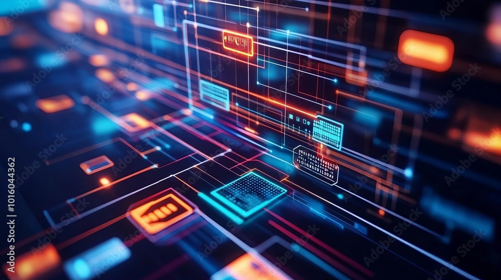 Obraz premium Blockchain financial analytics, virtual holograms, futuristic corporate environment