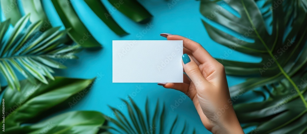A hand holds a blank white card surrounded by green tropical leaves on a blue background. A hand holds a blank white card surrounded by green tropical leaves on a blue background.